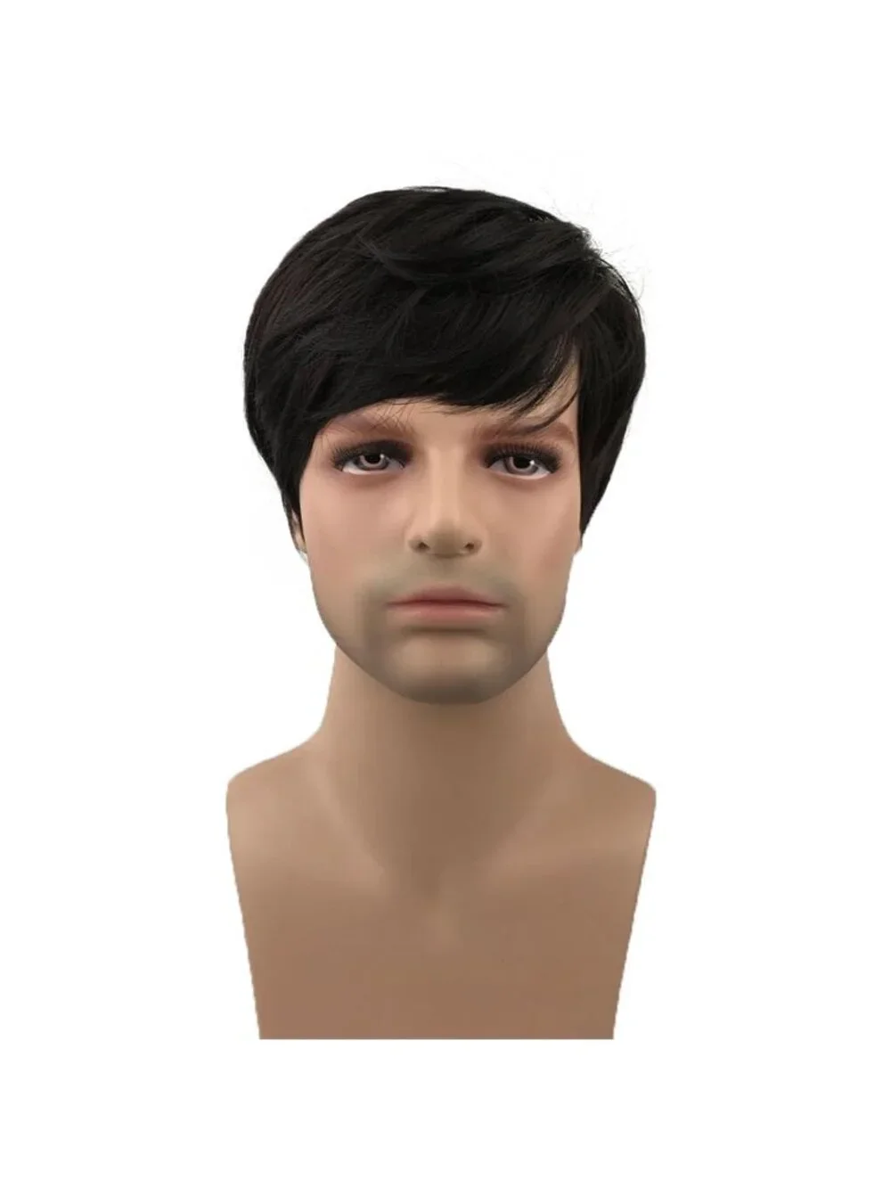 Men's Black Short Straight Layered Pixie Cut with Shaggy Long Bangs Anime Wig